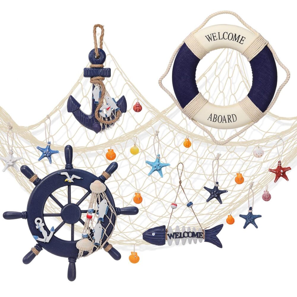8079 11 Pcs Wooden Nautical Wall Decor Fishing Net Decoration, Include